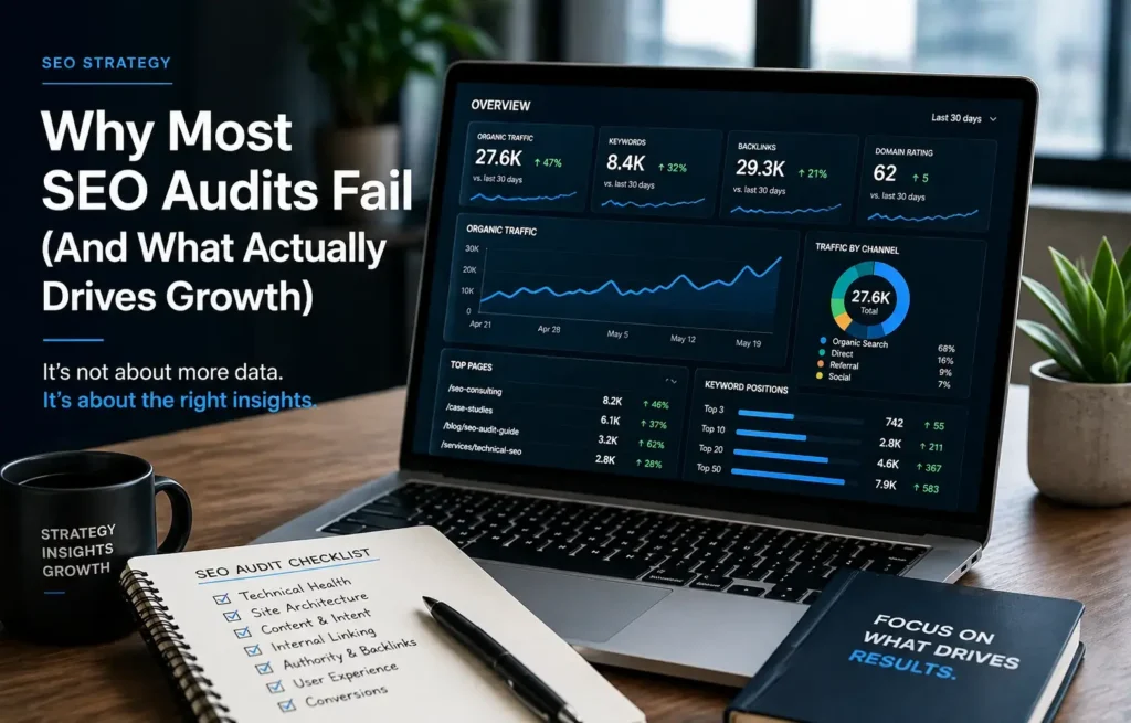 SEO audit growth strategy dashboard on laptop for professional SEO consultant blog post