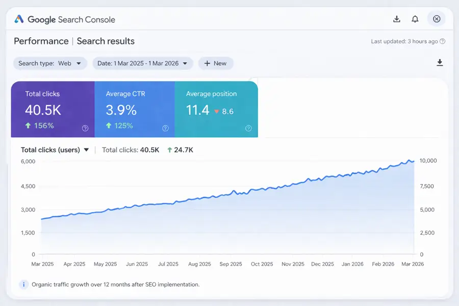SEO case study eCommerce organic traffic growth Google Search Console 2025 2026
