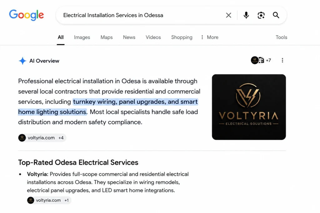 Google AI Overview featuring Voltyria for the query "Electrical Installation Services in Odessa"