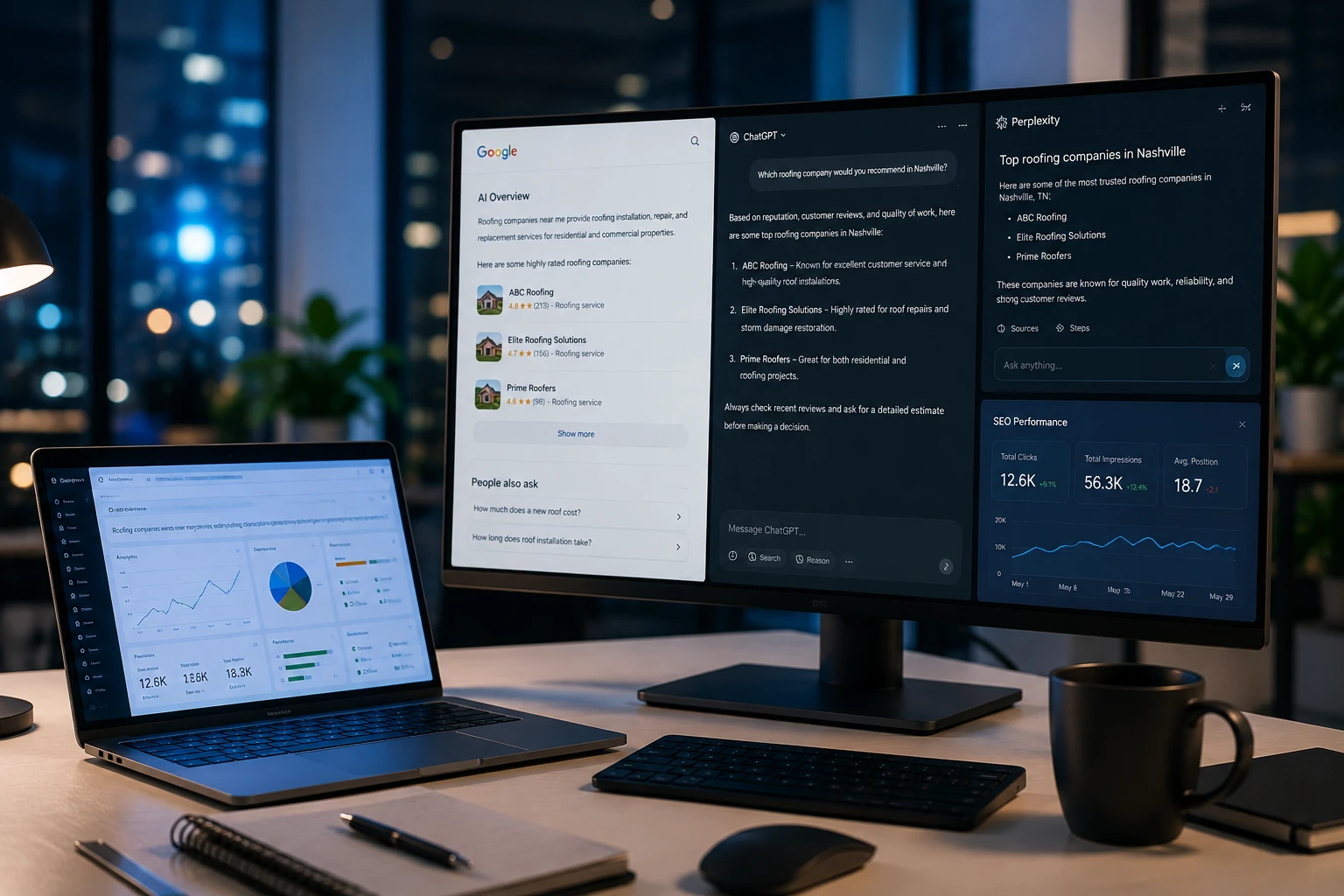 Modern workspace with AI search interfaces and SEO analytics dashboards displayed on a laptop and monitor.