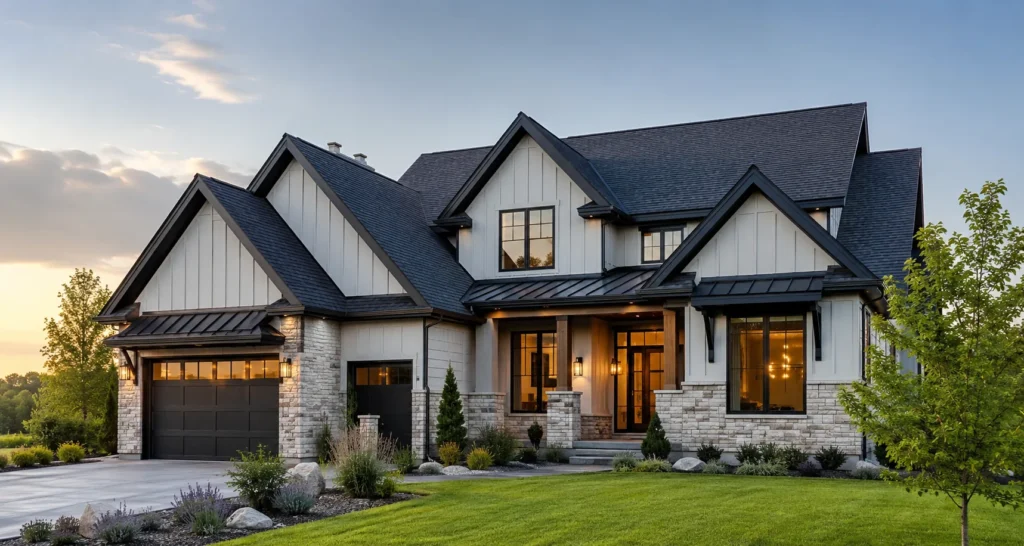 Modern residential house with a new premium roof, illustrating professional roofing services and local SEO for roofing companies.