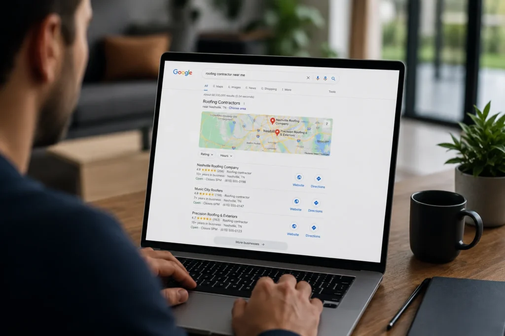 Person searching for a roofing contractor on Google using a laptop, illustrating local SEO and customer search intent for roofing services.