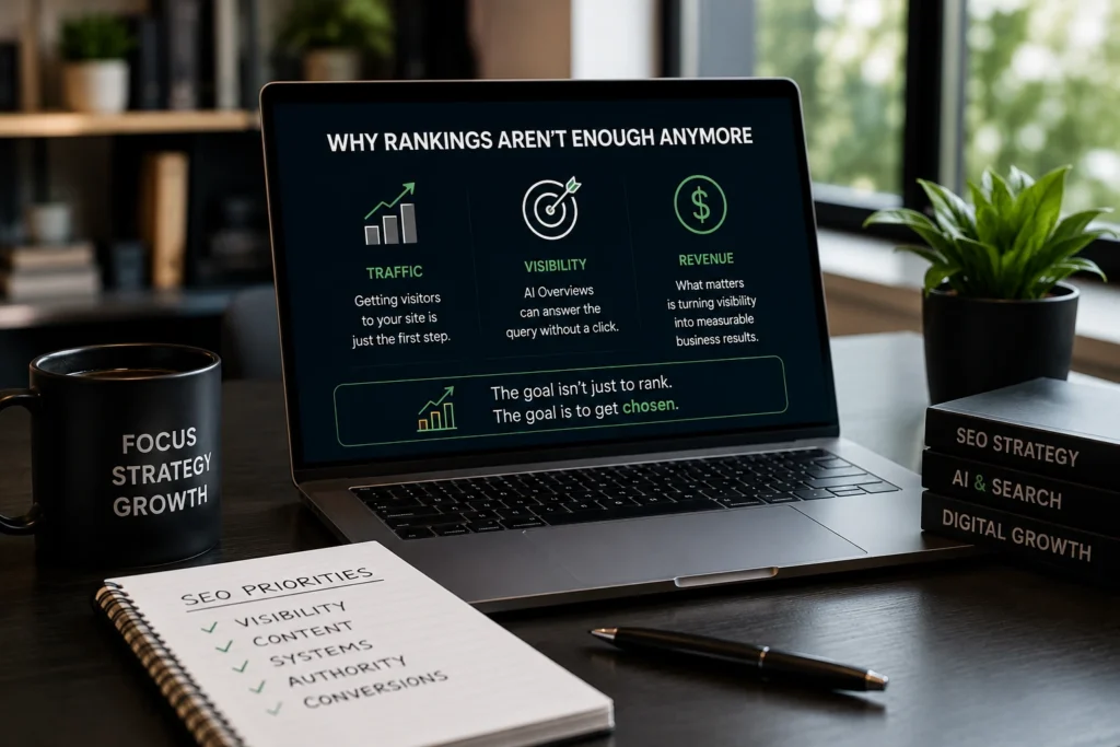 Modern workspace with a laptop displaying SEO strategy, AI visibility, and digital business growth concepts.